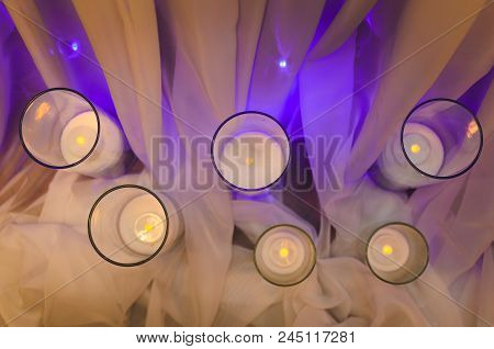 Mysterious White Candles. Top View. Wedding Decoration
