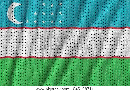 Uzbekistan Flag Printed On A Polyester Nylon Sportswear Mesh Fabric With Some Folds