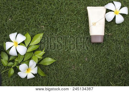 Natural Cosmetic For Skin Face Sunscreen Spf50 Of Lifestyle Woman Relax Summer With Frangipani Flowe
