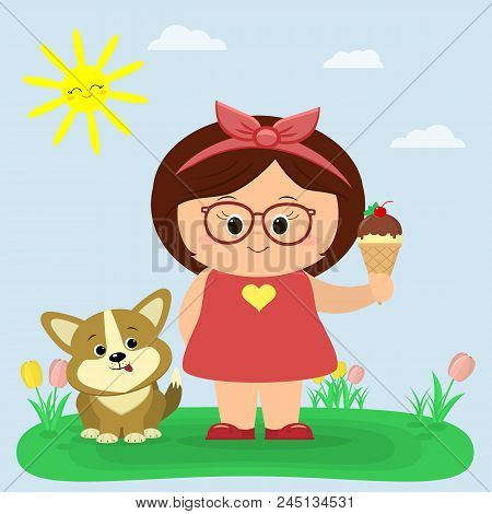 A Girl In A Red Dress And Glasses Is Holding An Ice Cream In A Waffle Cone. A Corgy Puppy Sits Next 