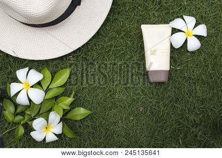 Natural Cosmetic For Skin Face Cosmetic Spf50 And Hat Of Lifestyle Woman Relax Summer With Frangipan