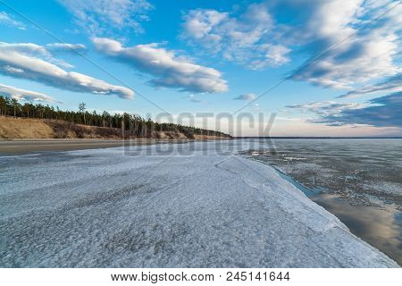 Spring Landscape. Melting Snow On The Ob Reservoir. Russia, Siberia, The Novosibirsk Region.