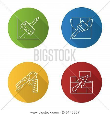 Construction Tools Flat Linear Long Shadow Icons Set. Glue Brush, Paint Bucket And Brush, Angle Grin