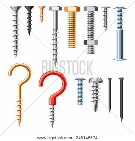 Set Of Bolts Nuts Nails. Various Iron Screws Collection.
