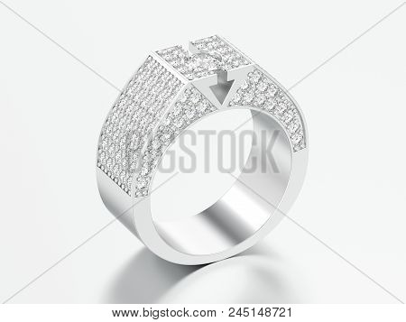 3d Illustration White Gold Or Silver Diamond Signet Ring On A Grey Background