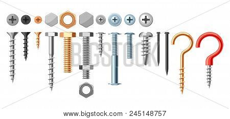 Set Of Bolts Nuts Nails. Various Iron Screws Collection.