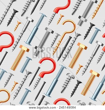 Seamless Pattern With Bolts Nuts Nails. Various Iron Screws Collection.