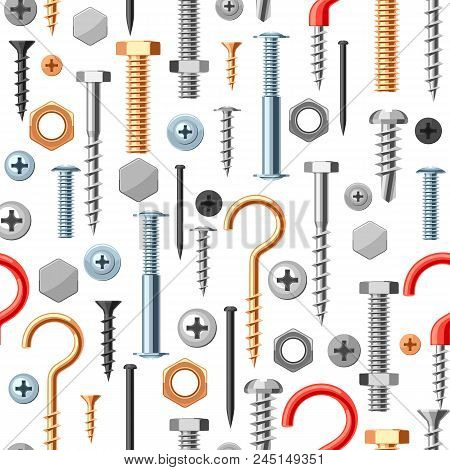 Seamless Pattern With Bolts Nuts Nails. Various Iron Screws Collection.