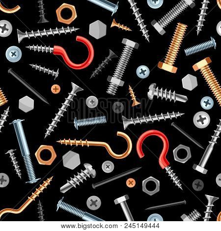 Seamless Pattern With Bolts Nuts Nails. Various Iron Screws Collection.