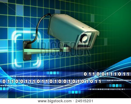 Telecamera di sicurezza controllare un flusso di dati. Illustrazione digitale.
