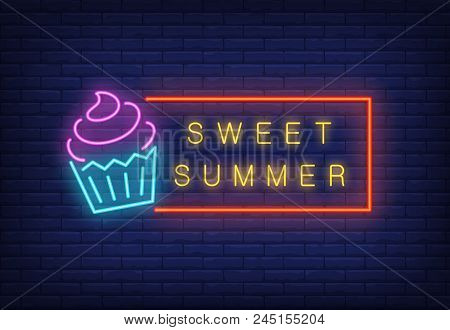 Sweet Summer Neon Text In Frame With Ice-cream. Seasonal Offer Or Sale Advertisement Design. Night B