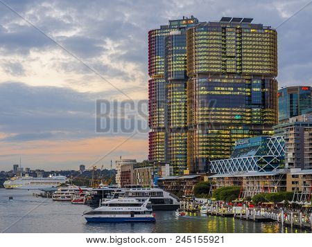 Sydney, Australia - May 22, 2017: View Of Sydney Wharf On Pyrmont Bay. Iconic Barangaroo To Right At