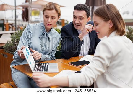 Team Work. Three Prosperous Company Leaders Feeling Wonderful While Enjoying Their Productive Team W