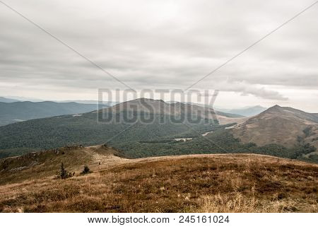 View From Halicz Hill In Autumn Bieszczady Mountains In Southeastern Poland Near Borders With Ukrain