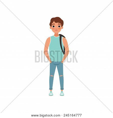 Schoolboy With Backpack, Student Of Highschool School, Stage Of Growing Up Concept Vector Illustrati