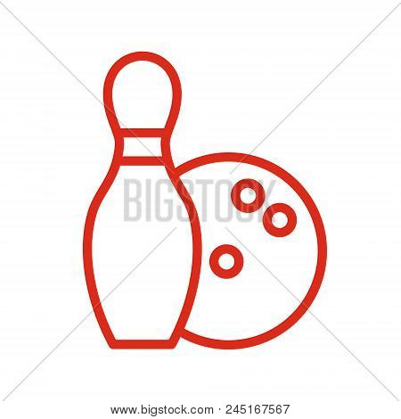 Bowling Game Symbol, Pin And Ball Line Style Red Color Simple Icon, Vector Illustration Isolated On 