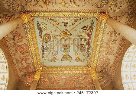 Vientiane, Laos - April 22, 2012: Rich Ceiling Decoration Of The Patuxay Victory Monument In Vientia