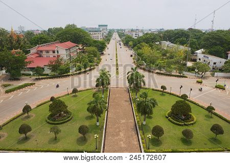 Vientiane, Laos - April 22, 2012: View To The Patuxay Park And The Main Street From The Victory Monu