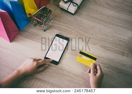 Image Of Young Woman Using Smartphone For Online Shopping Website And Pay By Credit Card, Online Pay