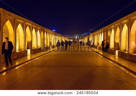 Isfahan, Iran - March 21, 2018: Iranian People Walk On Allahverdi Khan Bridge Called Siosepol Over Z