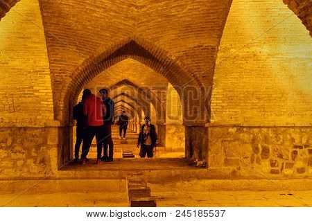 Isfahan, Iran - March 21, 2018: Iranian People Inside Allahverdi Khan Bridge Called Siosepol Over Za