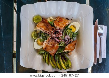 Cicken, Eggs And Avocado Salad From Above In Arequipa, Peru