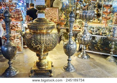 Isfahan, Iran - March 21, 2018: Samovars For Sale On Grand Bazaar Next To Naqsh-e Jahan Square