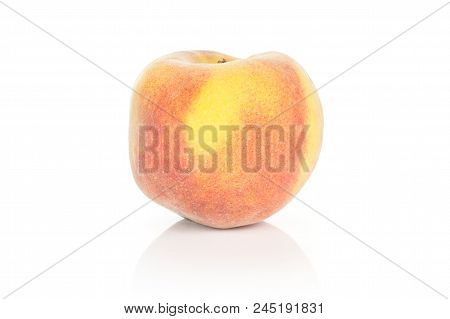 One Yellow Peach With A Red Blush Isolated On White Background
