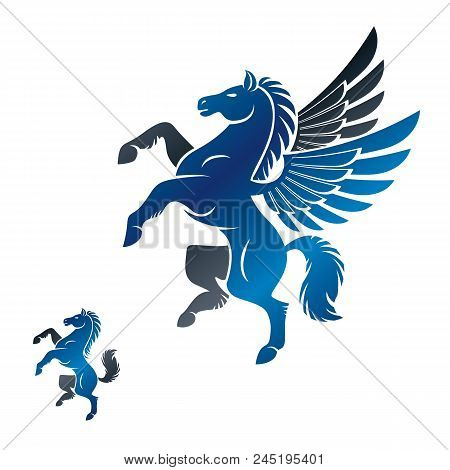 Winged Pegasus And Horse Ancient Emblems Elements Set. Heraldic Vector Design Elements Collection. R