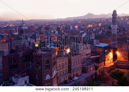 The Capital Of Yemen. View On The Old City From Roof At Dawn