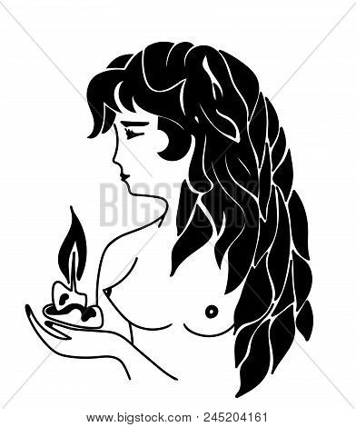 Vector Illustration Of Beautiful Topless Brunette Girl With Long Black Wavy Hair Handling Candle In 