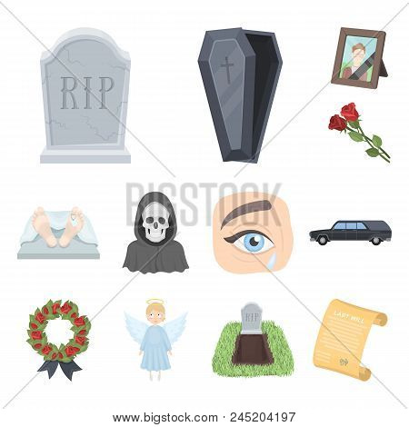 Funeral Ceremony Cartoon Icons In Set Collection For Design. Funerals And Attributes Vector Symbol S