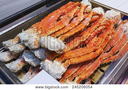 Frozen King Crab Legs Selling In Kurumon Market , Osaka , Japan