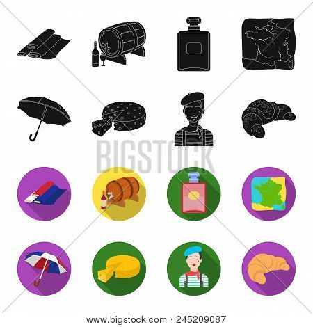 Umbrella, Traditional, Cheese, Mime .france Country Set Collection Icons In Black, Flet Style Vector