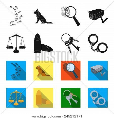 Scales Of Justice, Cartridges, A Bunch Of Keys, Handcuffs.prison Set Collection Icons In Black, Flet