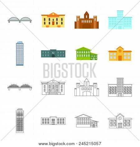 Skyscraper, Police, Hotel, School.building Set Collection Icons In Cartoon, Outline Style Vector Sym