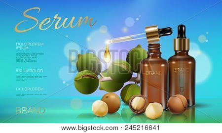 Realistic 3d Macadamia Nut Oil Cosmetic Ad Template. Light Blue Sunny Sky Transparent Glass Essence 