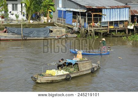 Phong Dien, Vietnam - December 31st 2017. A Boat On The River At The Phong Dien Floating Market Near