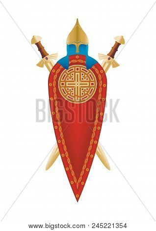 Vector Image Of A Triangular Board, Two Swords And Peaked Helmet. Vector Illustration.