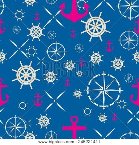 Seamless Pattern With Sea Subject. Images Of An Anchor, A Steering Wheel And A Wind Rose On A Blue B