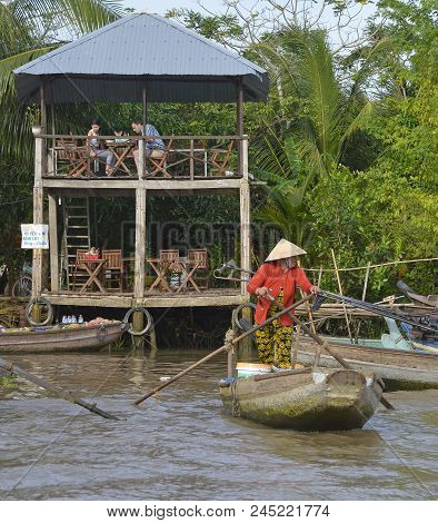 Phong Dien, Vietnam - December 31st 2017. A Boat On The River At The Phong Dien Floating Market Near