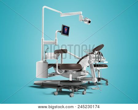 Modern Brown Dental Chair With Borax With Lighting And Monitor For Work 3d Render On Blue Background