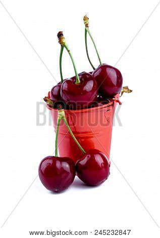 Ripe Red Cherry With Small Red Buckets Isolated On White Background