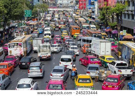 Bangkok, Thailand - January 22, 2015 : Heavy Traffic In Main Street Of City Center. Traffic Jam In B