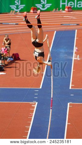 Stockholm, Sweden - Jun 10, 2018: Sandi Morris  Jumping In The Pole Vault Competition In Iaaf Diamon