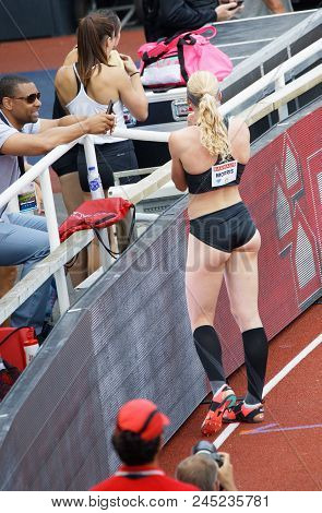 Stockholm, Sweden - Jun 10, 2018: Sandi Morris Talking To Her Trainer The Pole Vault Competition In 