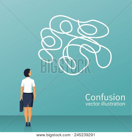 Confused Thoughts. Confusion Concept. Businesswoman Is Holding Hands On Head. Vector Illustration Fl