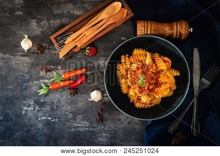 Radiatori pasta Bolognese on the table