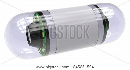 Pill-sized Camera For Capsule Endoscopy Isolated On White. 3d Rendering