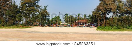 Goa, India - November 14, 2012: Panoramic View Of The Beach Cafe With Sun Beds For Tourists On The C